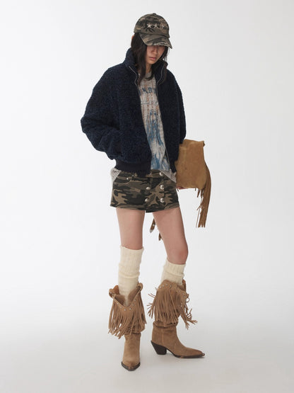 Distressed Fleece Zip-Up Cropped Jacket