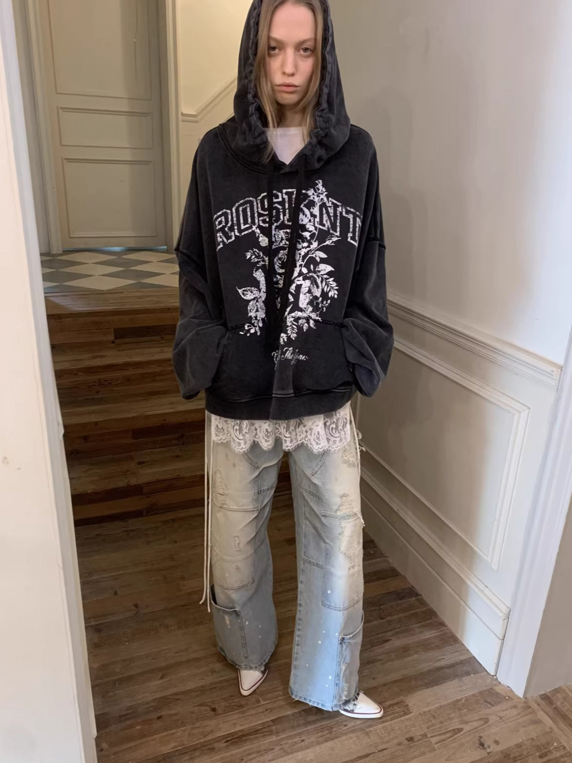 Washed Distressed Low-Rise Straight-Leg Jeans