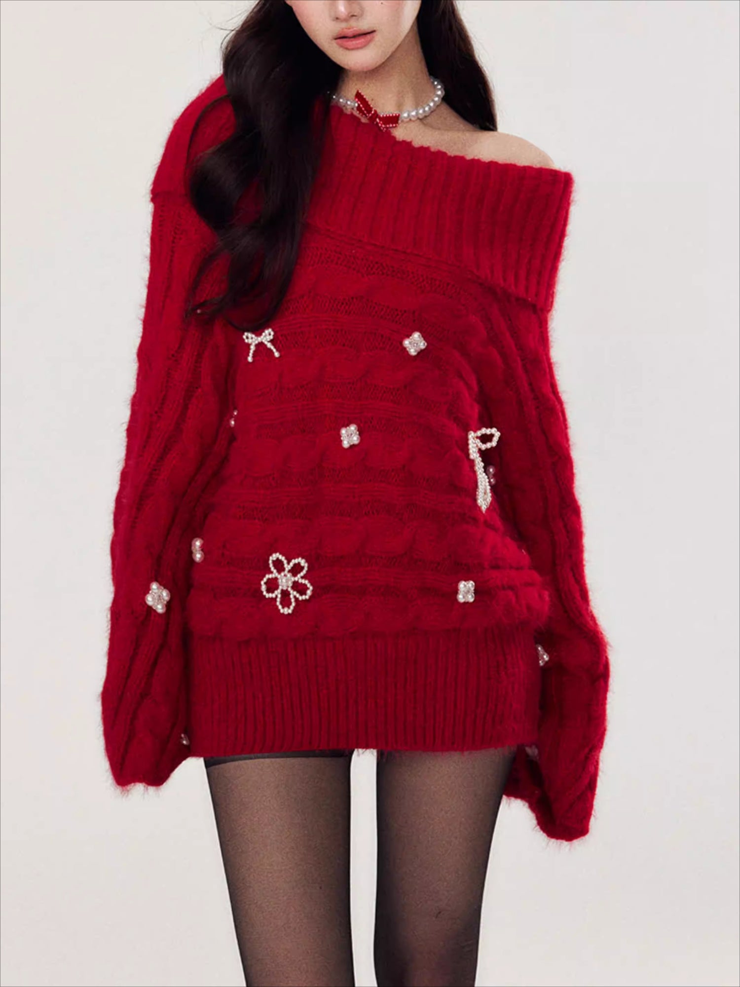 Hand-Embellished Beaded Off-Shoulder Knit Sweater