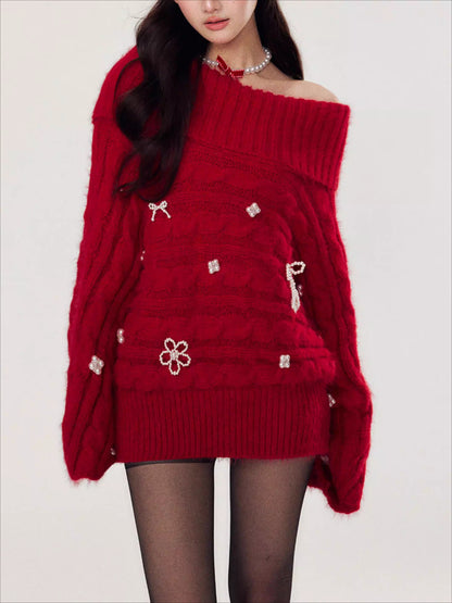 Hand-Embellished Beaded Off-Shoulder Knit Sweater