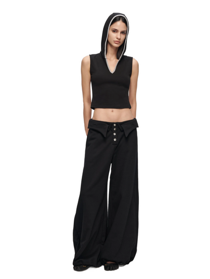 Double-Layer Collar Wide-Leg Pants In Black