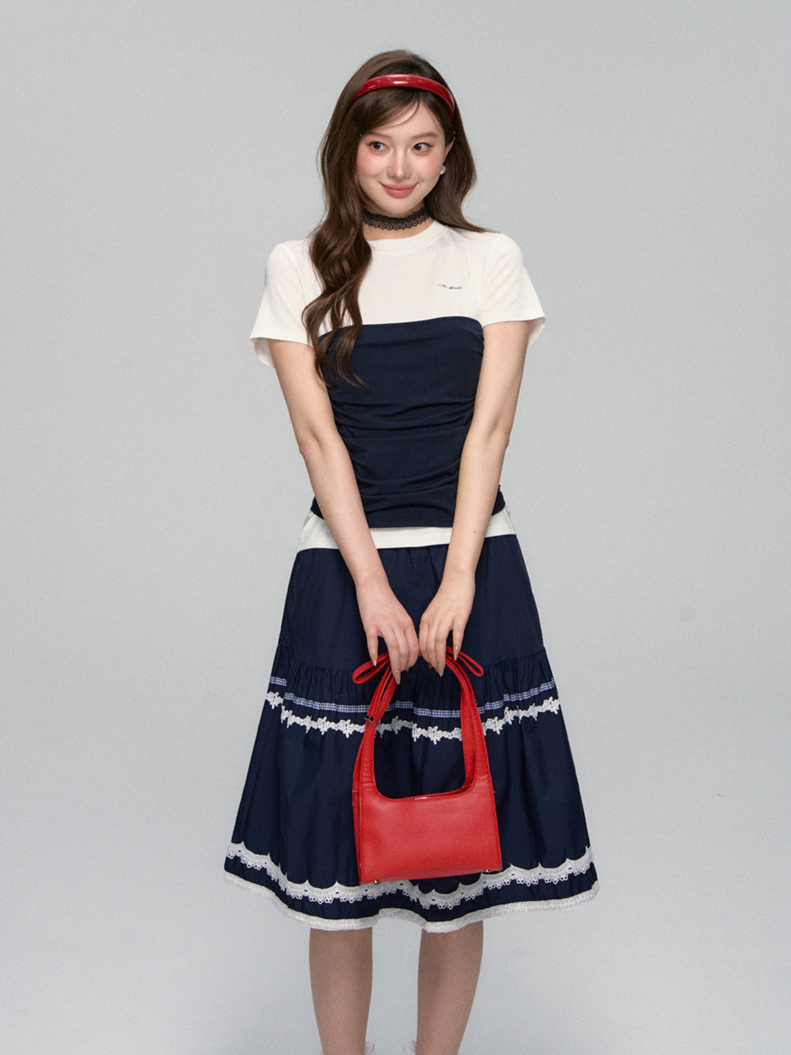Lace-Trim A-line Midi Skirt