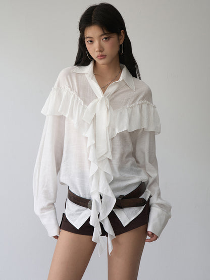 White Ruffled Drawstring Long-Sleeve Shirt - CHINASQUAD