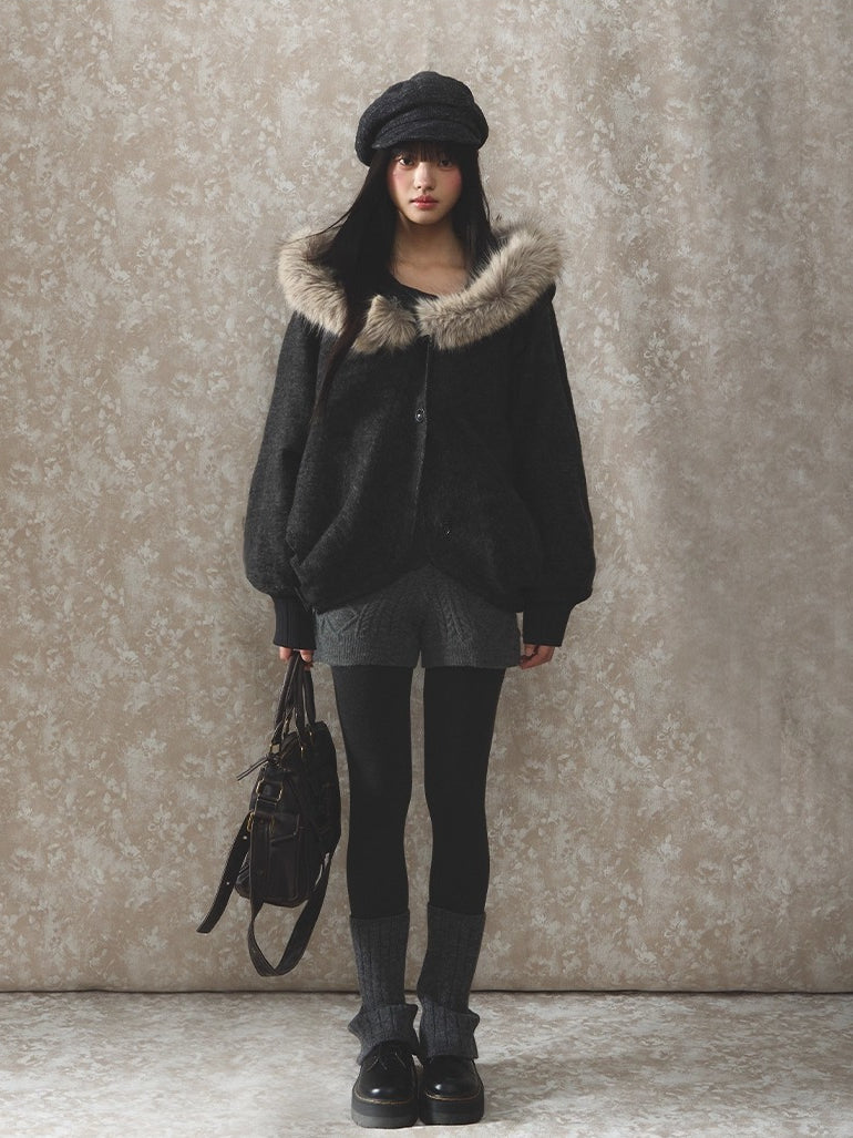 Fur Collar Wool-Blend Batwing Cape