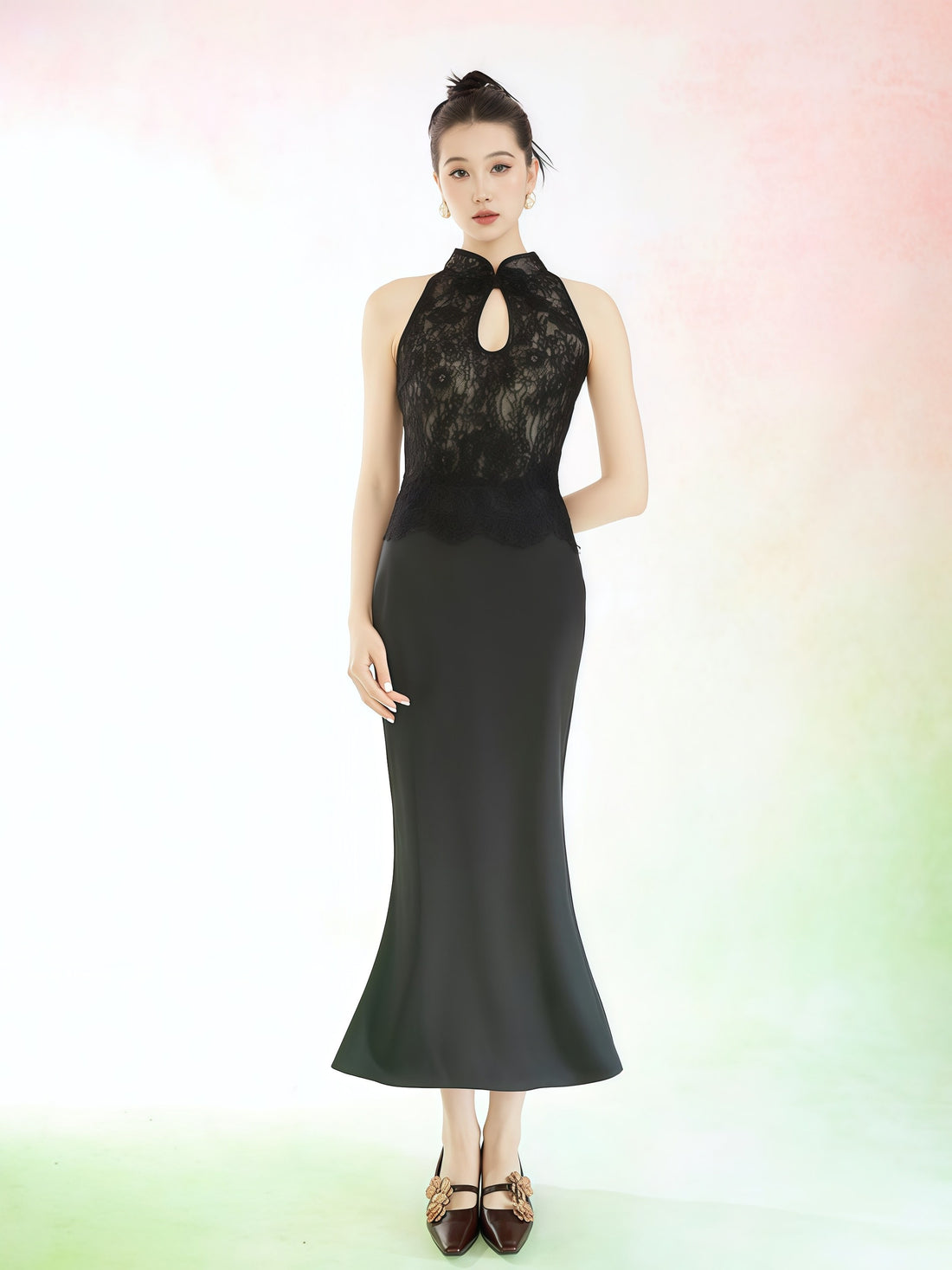 Black Lace Halter Mermaid Evening Dress