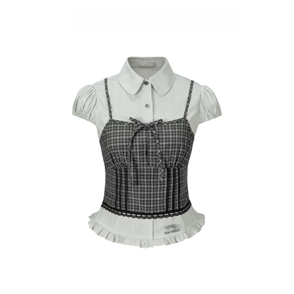 13DE MARZO Layered Puff Sleeve Corset Shirt Top