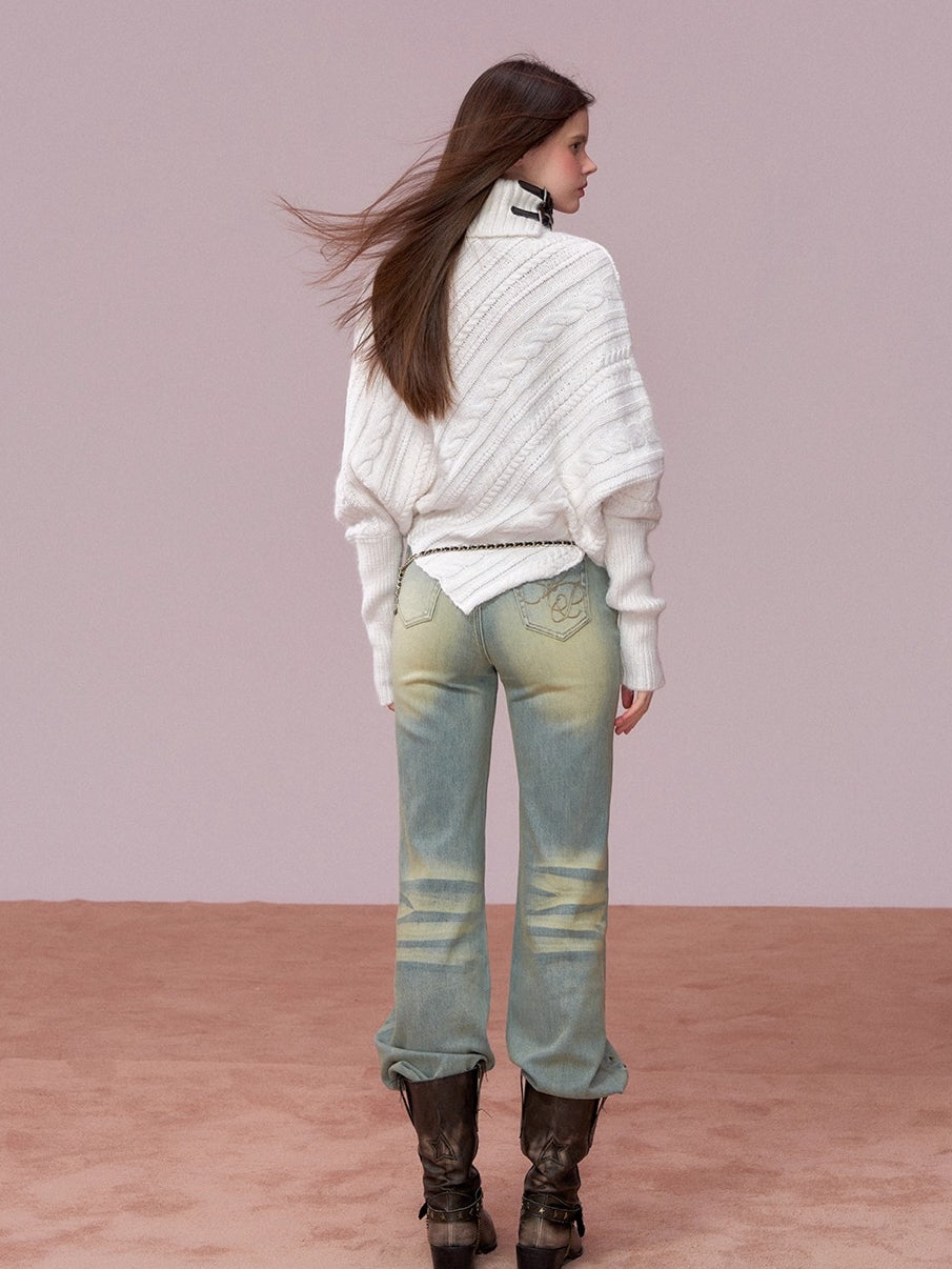 Leather-Buckle Thickened Cape Sweater