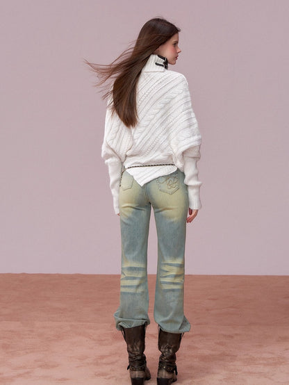 Leather-Buckle Thickened Cape Sweater