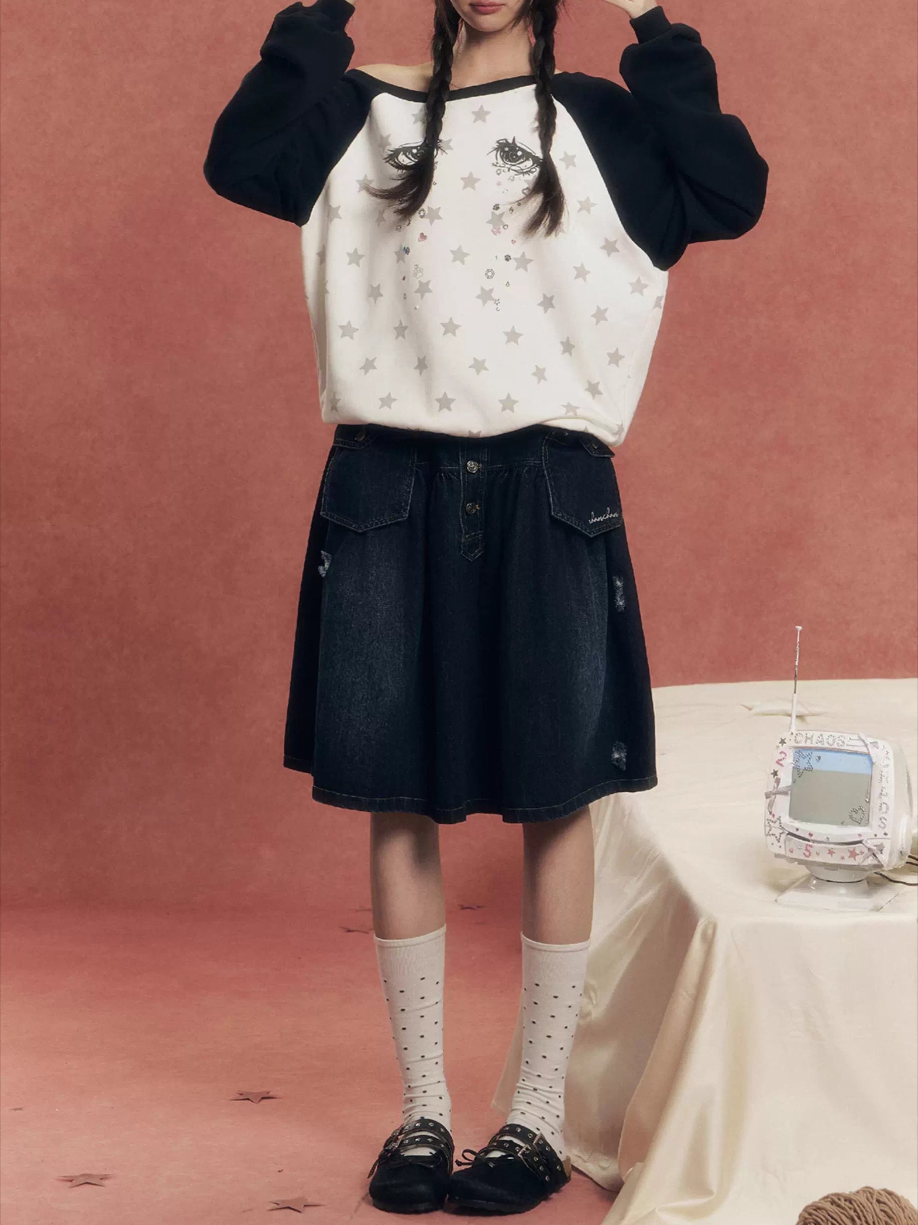 Vintage Washed Denim Utility Midi Skirt