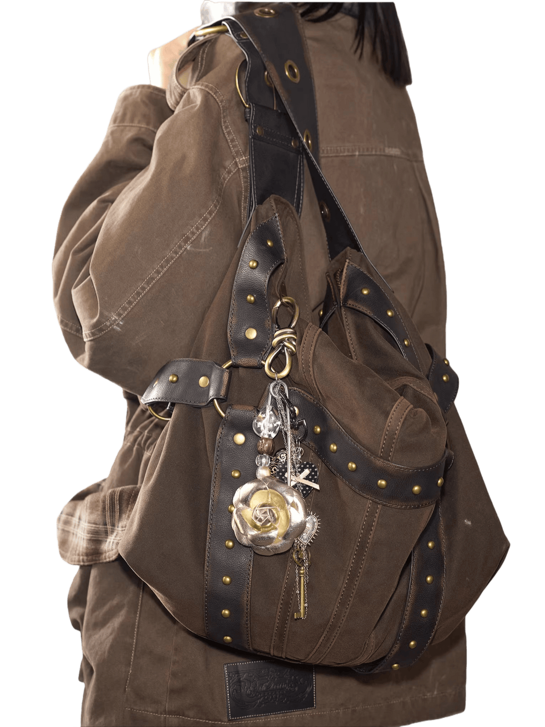 Vintage Studded Wide-Strap Crossbody Bag