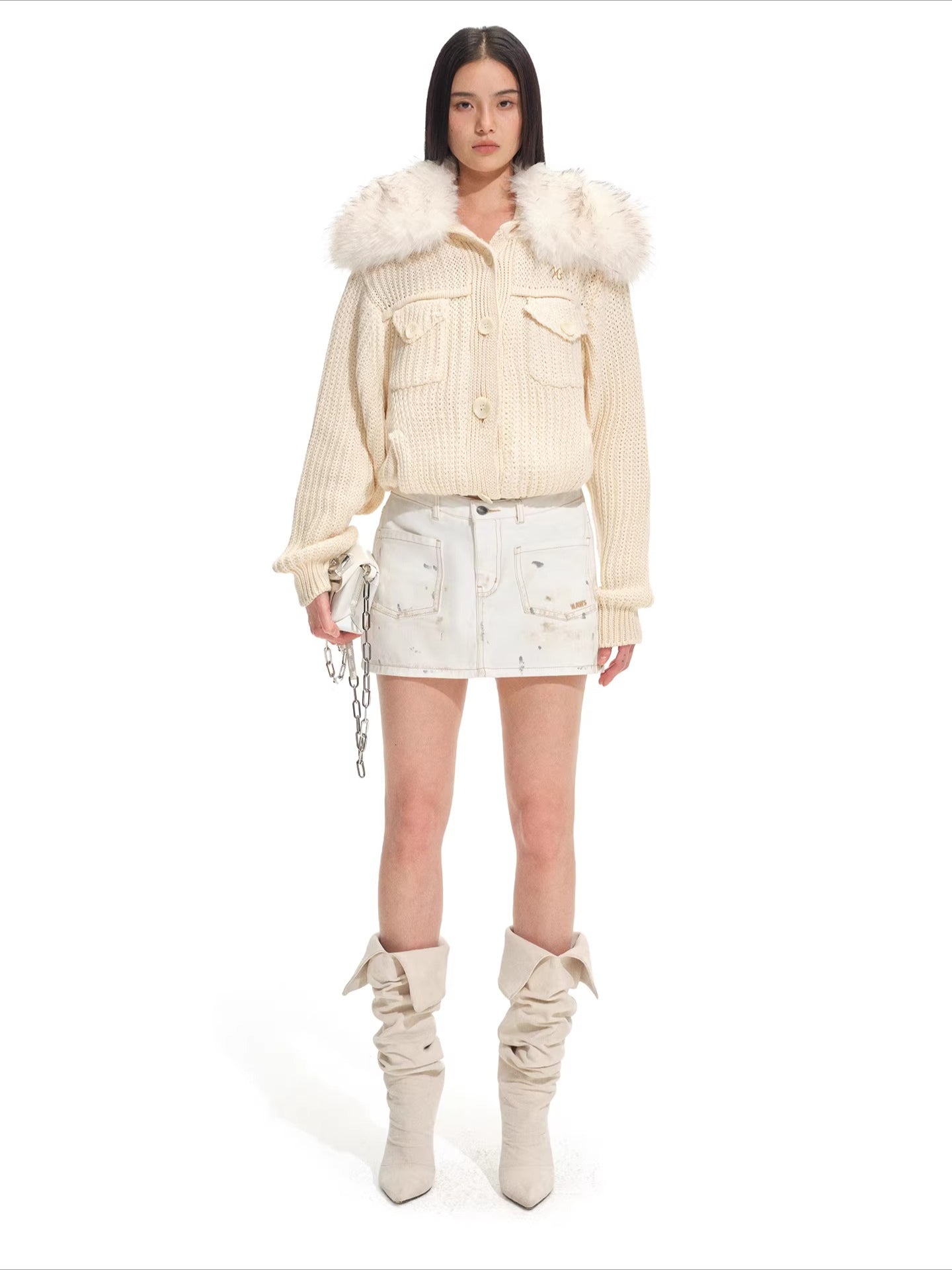 Faux Fur Collar Wool Knit Cardigan