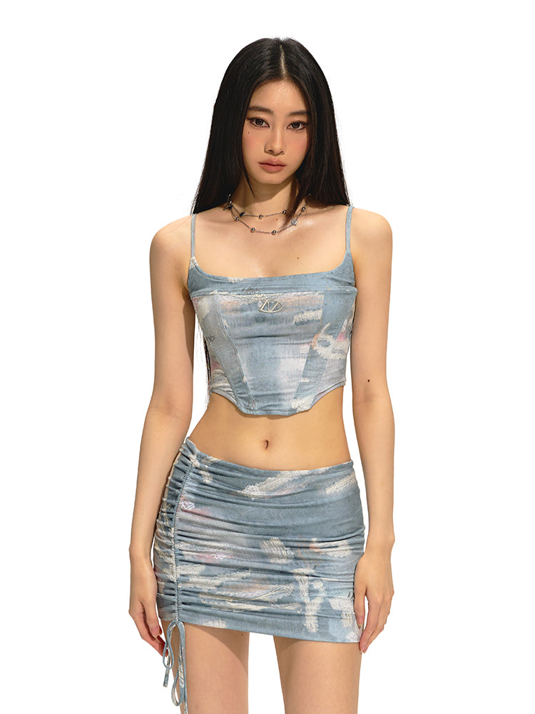 Short Bone Structure U-Neck Tank Top &amp; Skirt Set