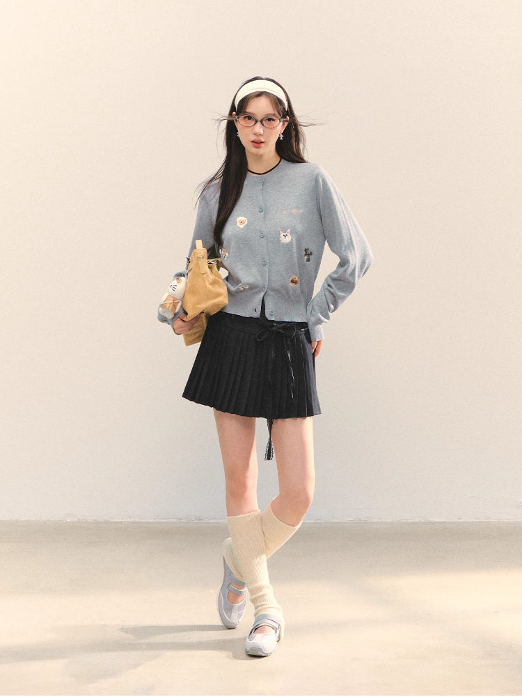 Dog Embroidery Crew Neck Knit Cardigan
