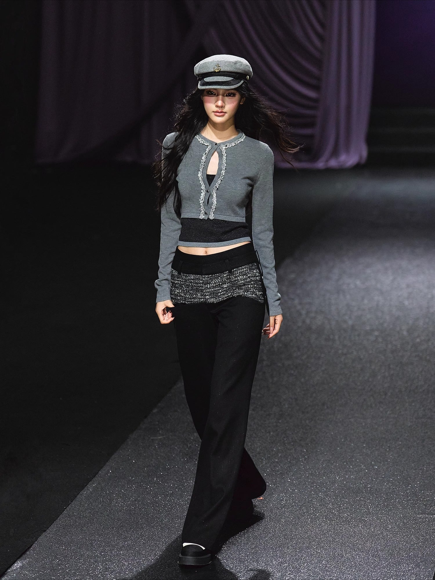 Contrast Waistband Tweed-Panel Straight Pants