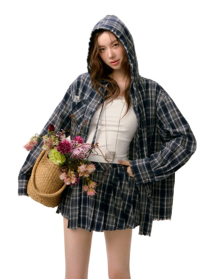 Plaid Hooded Long Sleeve Shirt &amp; Skirt Set