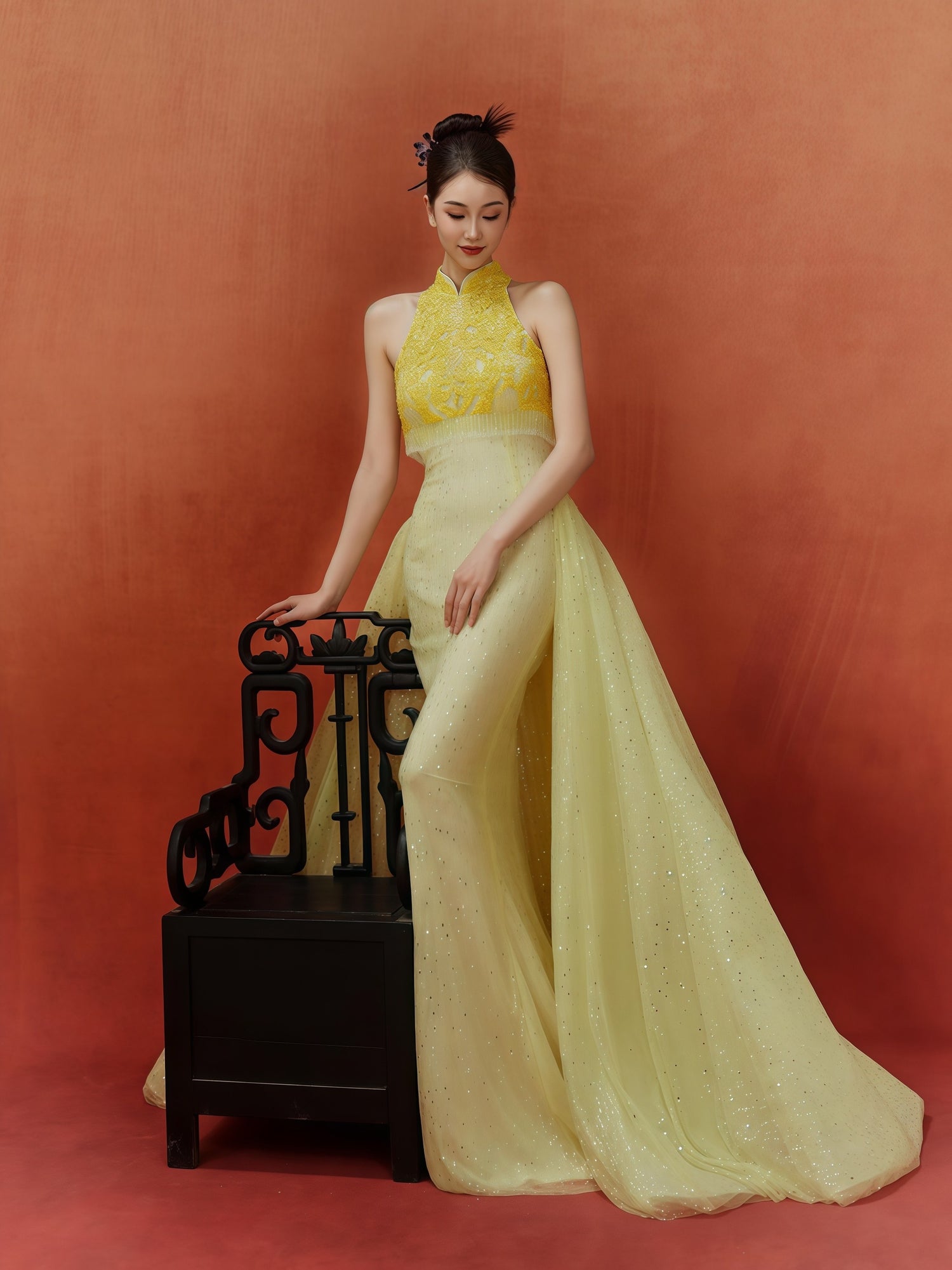Golden Embroidered Halter Neck Gown with Detachable Train