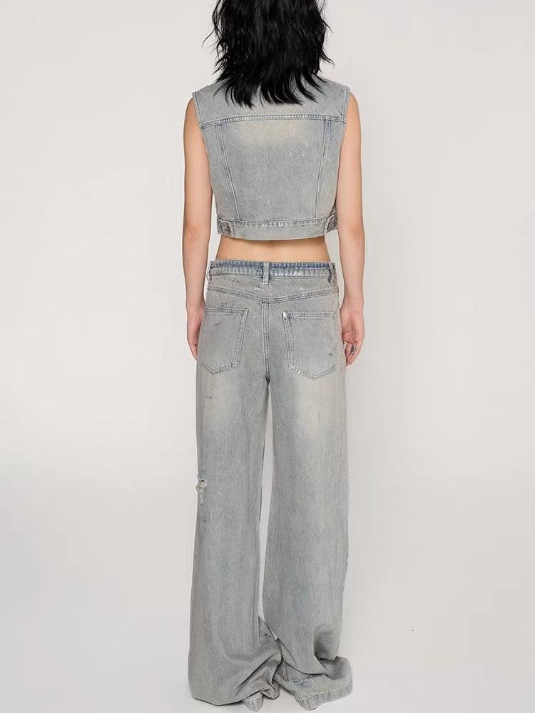 Silver-Foil Double-Waist Denim Pants