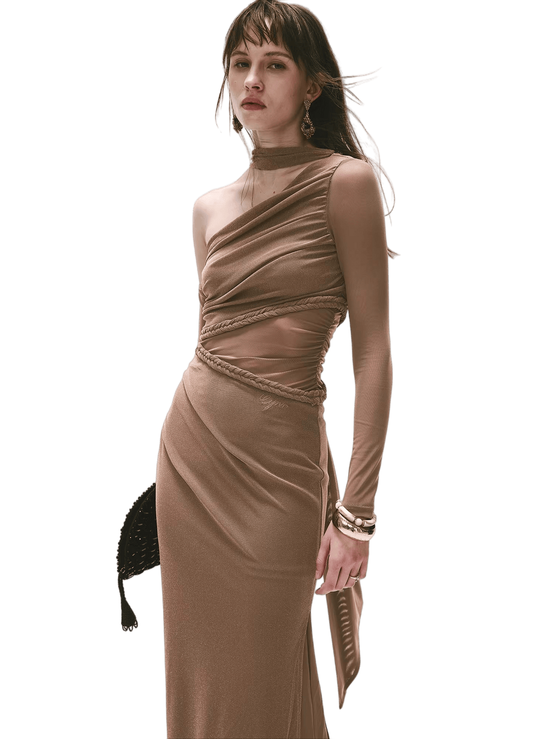 Vintage One-Shoulder Braided Ruched Maxi Dress