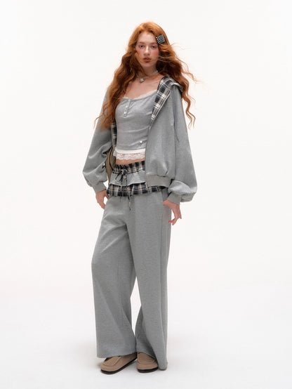 Plaid Patch Embroidered Sweatshirt &amp; Ruffled Waist Pants Set