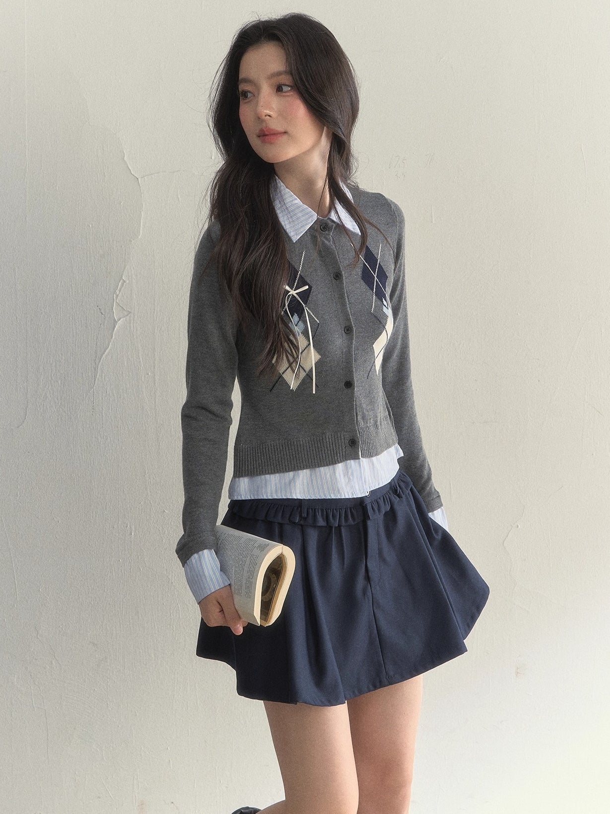 Layered Argyle Shirt Collar Knit Cardigan