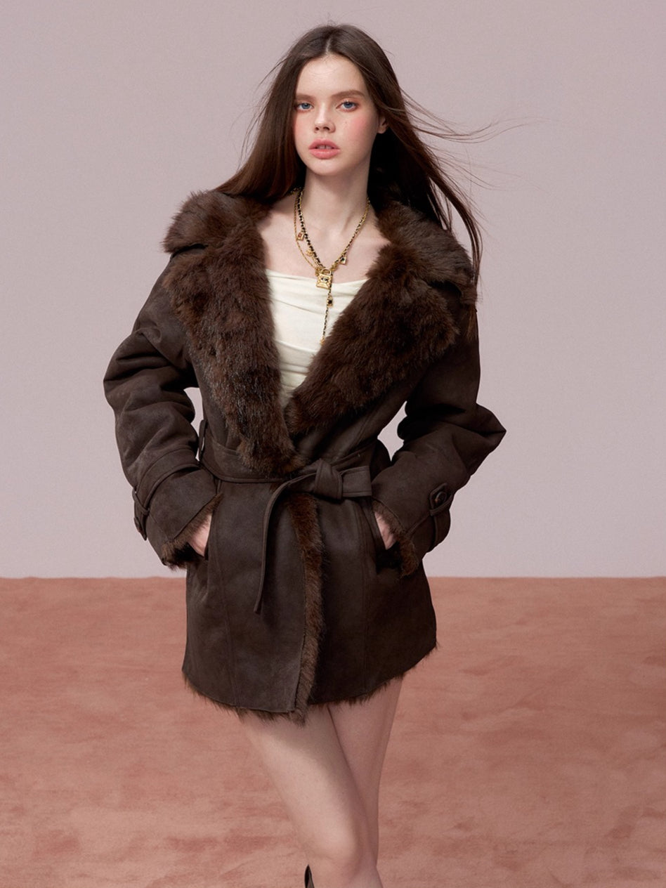 Faux Shearling-Lined PU Belted Coat