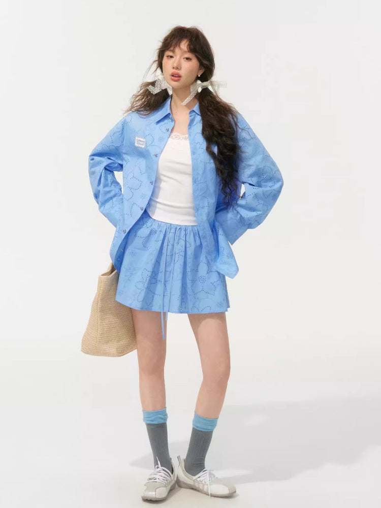 Collar Cut-Out Floral Shirt &amp; Skirt Set