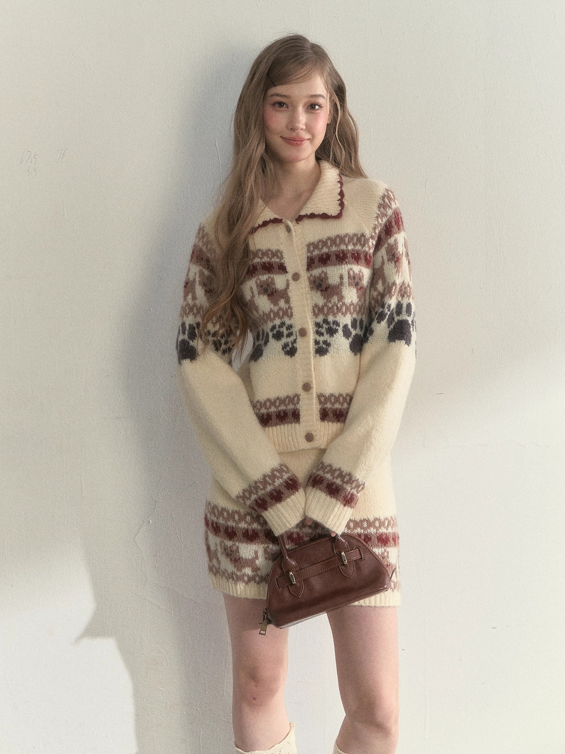 “Puppy Fair Isle” Vintage Knit Cardigan &amp; Skirt Set