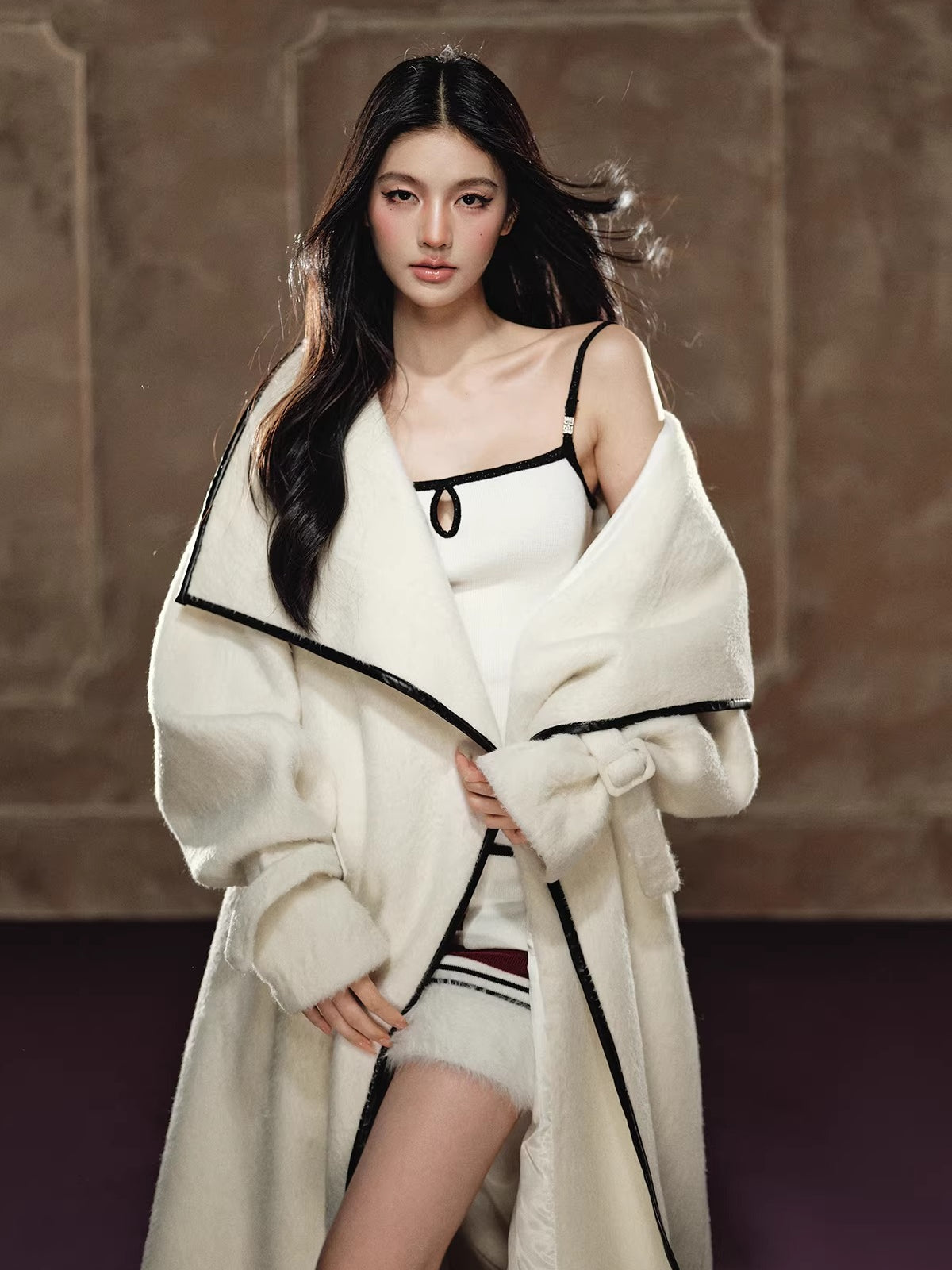 Wool-Blend Long Coat &amp; Striped Slip Dress Set