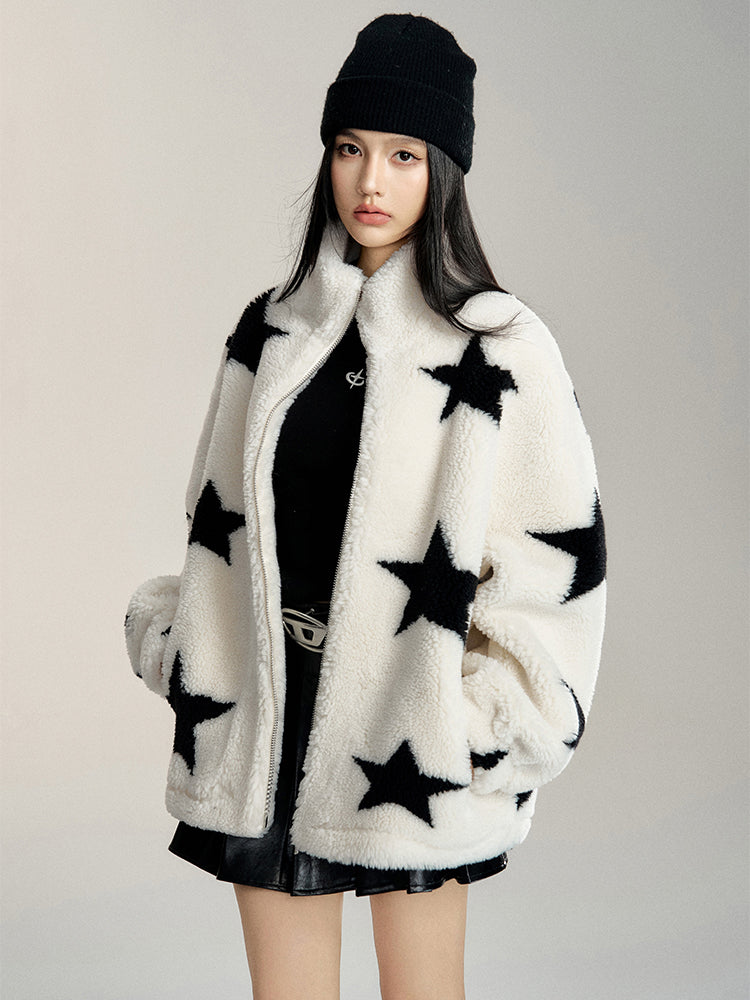 White Stand Collar Sherpa Star Jacket