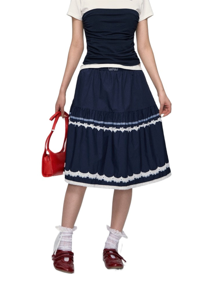 Lace-Trim A-line Midi Skirt