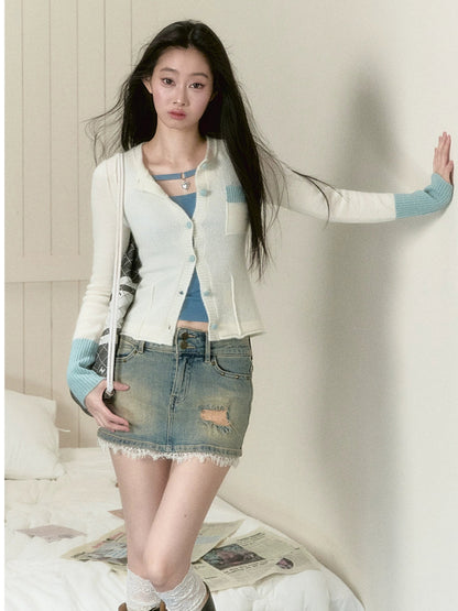 White &amp; Dark Gray Color-blocked Knitted Cardigan