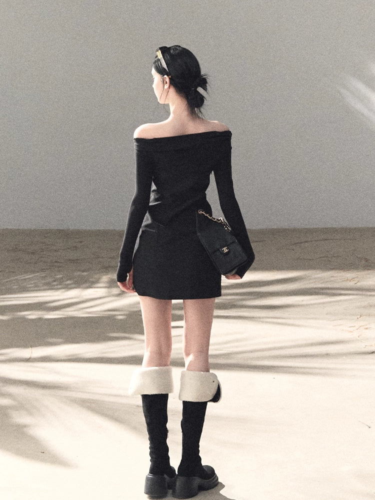 Slim-Fit Black Waist-Cinched Long-Sleeve Dress