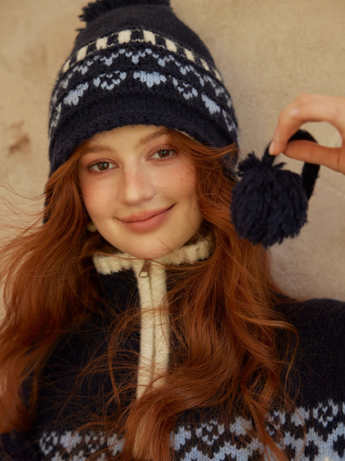 Fair Isle Heart Zip-Up Matching Hat Knit Sweater