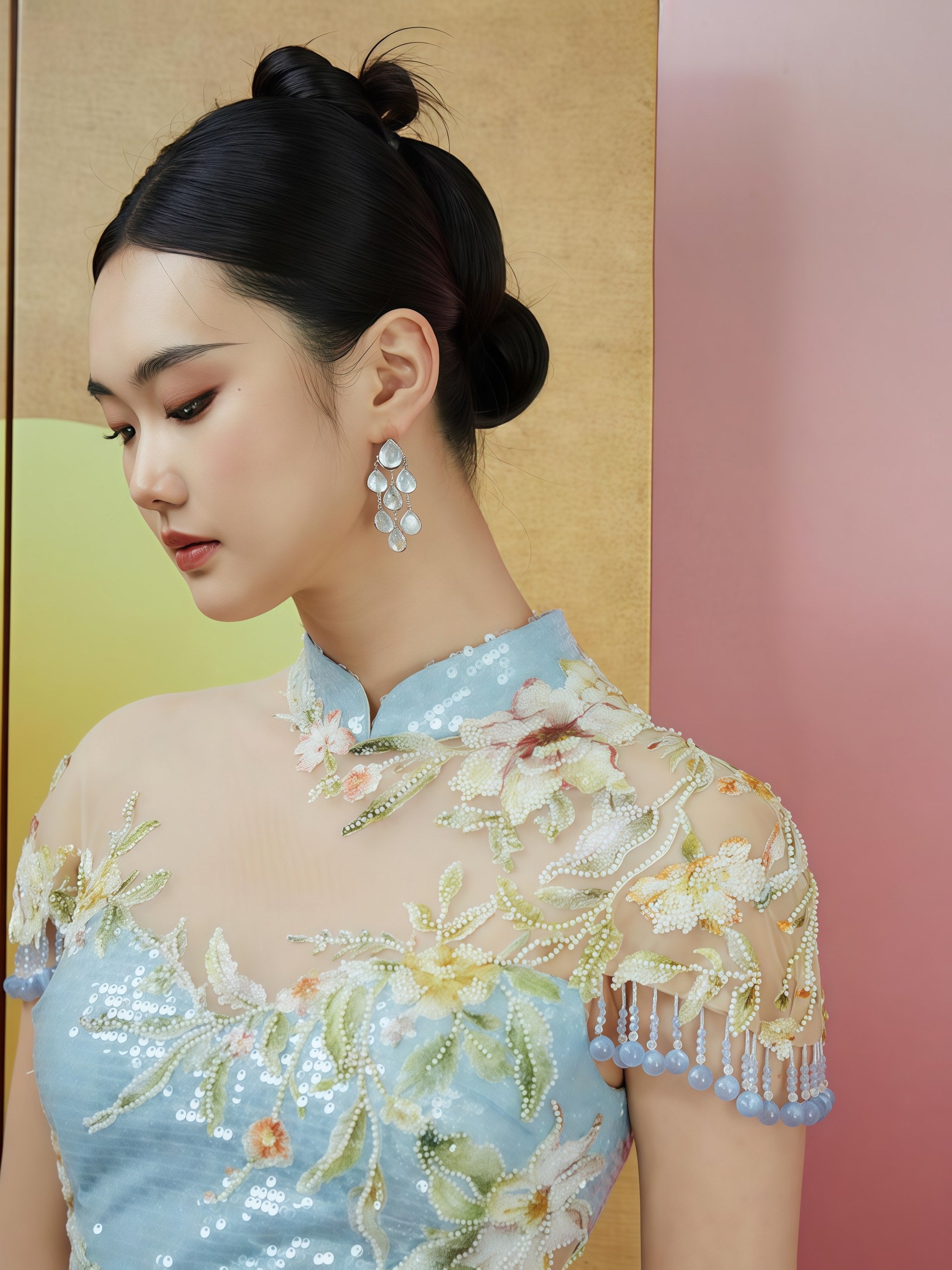 Azure Dream Embroidered Sequin Cheongsam with Detachable Bow Train