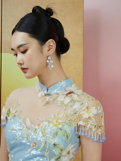 Azure Dream Embroidered Sequin Cheongsam with Detachable Bow Train