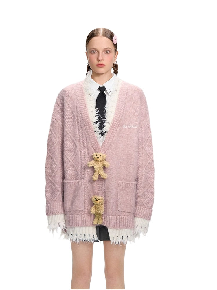 3D Plush Button Layered Knit Cardigan