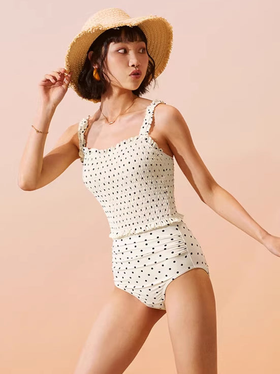 Cream Polka Dot Ruffle Trim One-piece Swimsuit