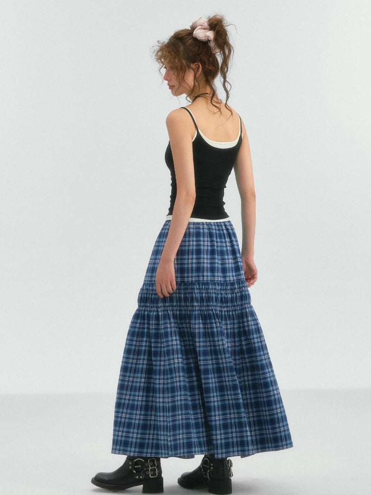 Lace Trim Drawstring Plaid Skirt