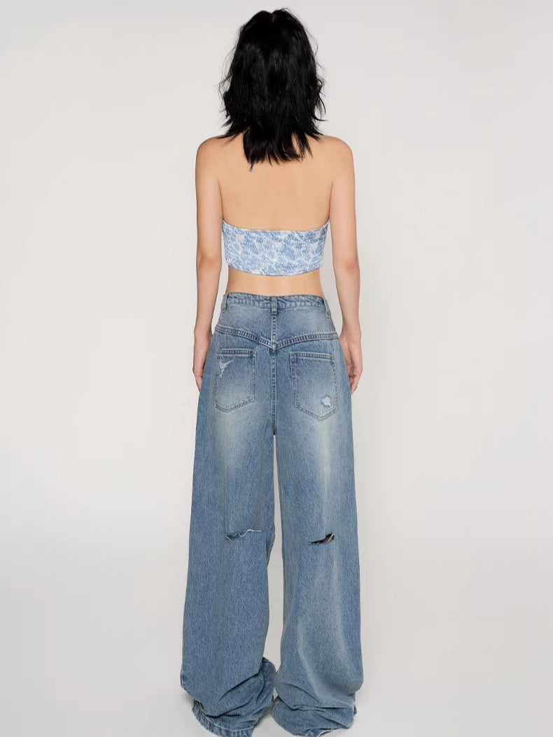 Laser Logo Seam Wide-Leg Denim Pants