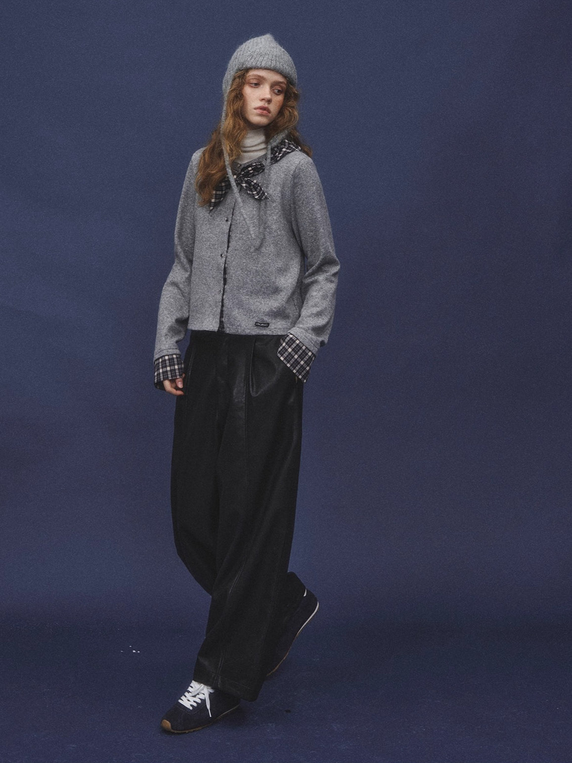 Wool-Blend Plaid Patchwork Knit Cardigan