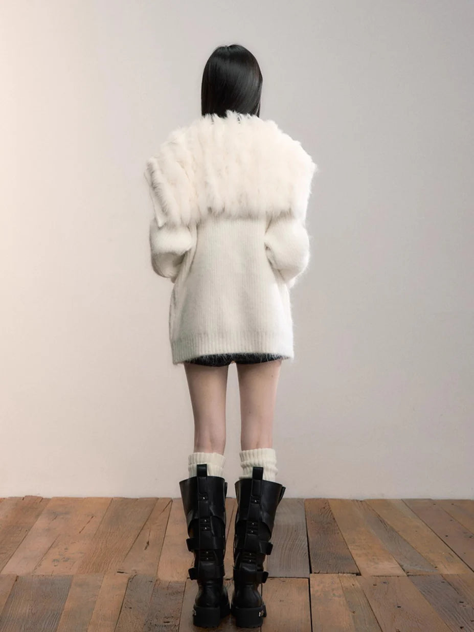 Fox Fur Collar Plush Knit Cardigan