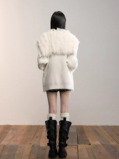 Fox Fur Collar Plush Knit Cardigan