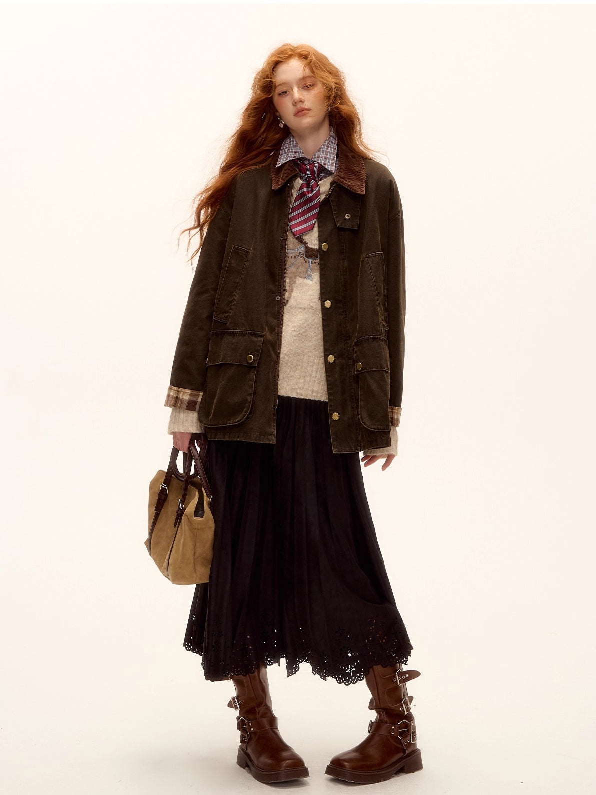 Suede Pleated Midi Skirt