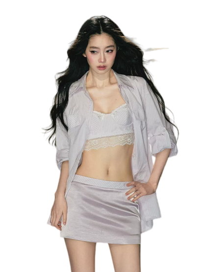 Silk-Blend Striped Shirt &amp; Skirt Set