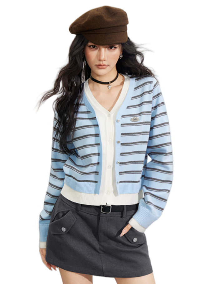 Striped Layered-Effect V-Neck Knit Cardigan