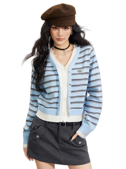 Striped Layered-Effect V-Neck Knit Cardigan