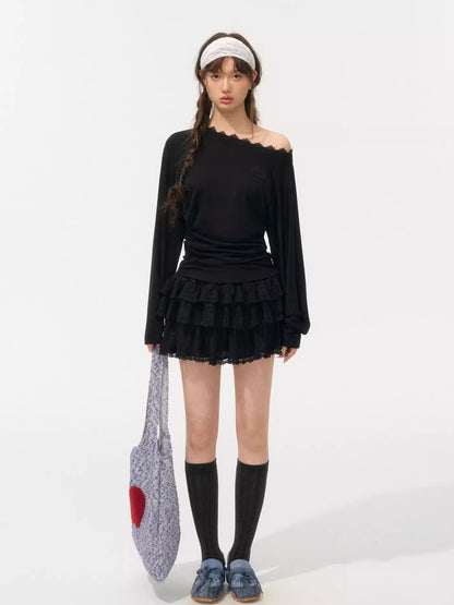 Asymmetric Shoulder Long-Sleeve Top