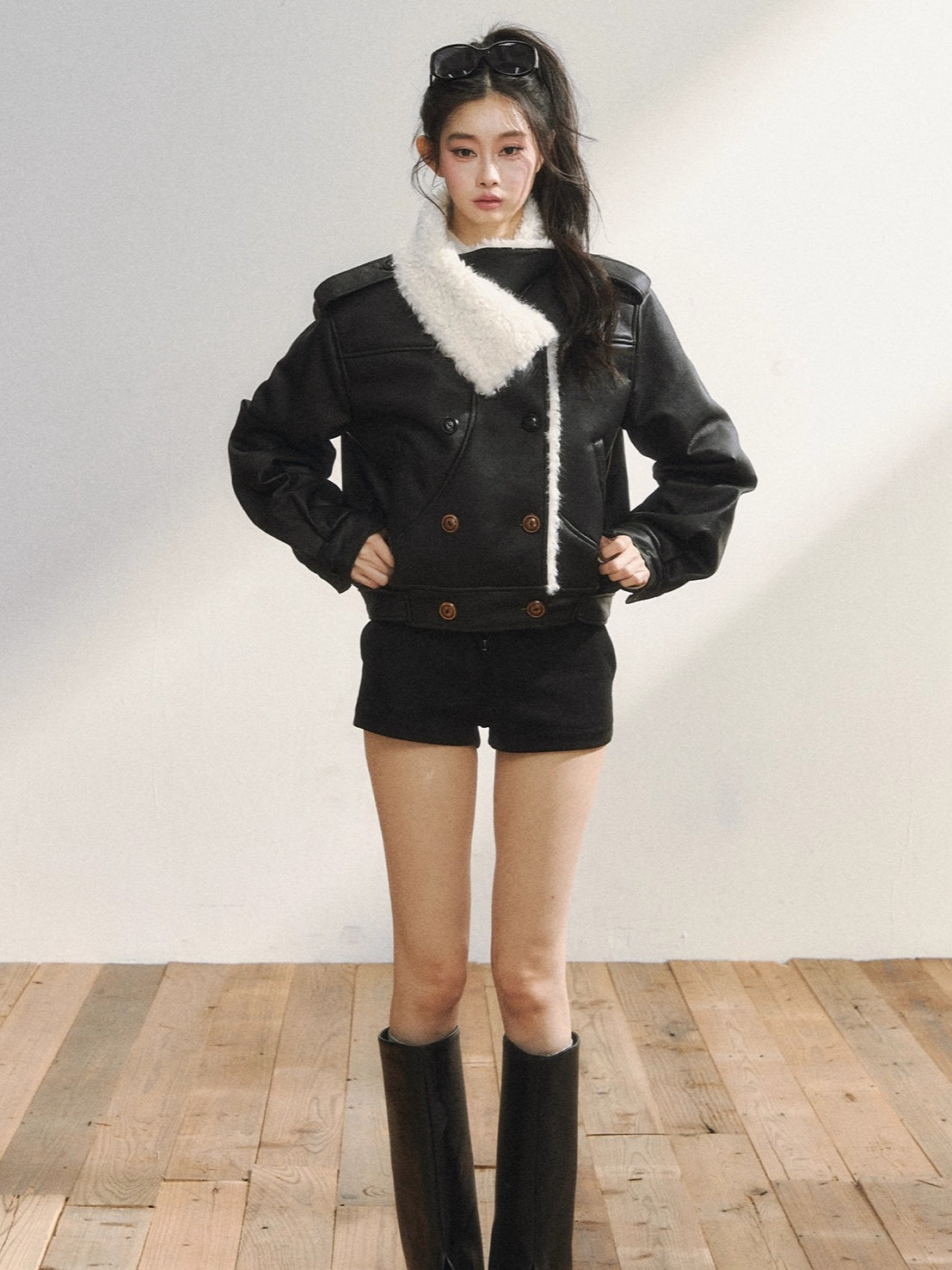 Black Faux Shearling Double-Breasted Leather Jacket