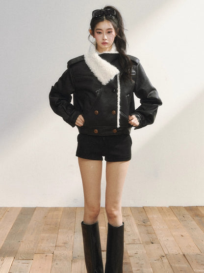 Black Faux Shearling Double-Breasted Leather Jacket