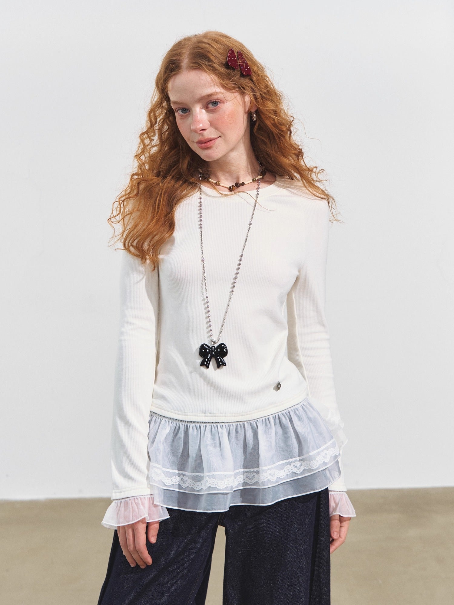 Double-Layer Ruffle Raglan Sleeve Fleece T-Shirt